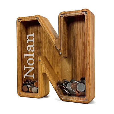 Grote gelddoos met gepersonaliseerd alfabet Custom Logo aanvaard Houten Piggy Bank