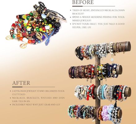 4 Tier Armbandhorloge Halsketting Houten Display Juwelen Standhouder in Antiek Bruin