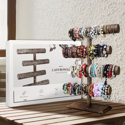 4 Tier Armbandhorloge Halsketting Houten Display Juwelen Standhouder in Antiek Bruin