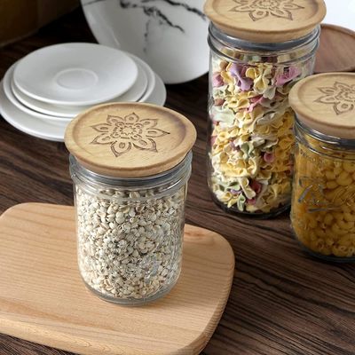 Hoog borosilicaat glas 6pcs potten met houten plain kleur deksel en bamboe deksel