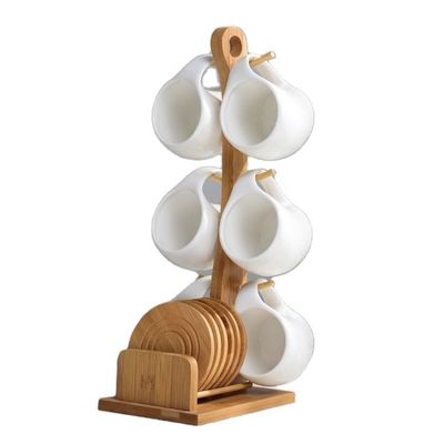 Stocked Six-Piece Ceramic Cup Set met 200 ml capaciteit en Mug Coaster op Bamboo Stand