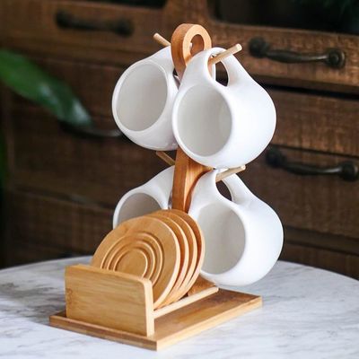 Stocked Six-Piece Ceramic Cup Set met 200 ml capaciteit en Mug Coaster op Bamboo Stand