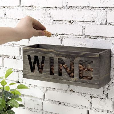 Spacespacer Muur gemonteerd Vintage Grijs Geweerd Hout Open Top Cork Holder Houten doos met metalen draad mesh
