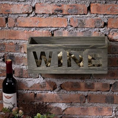 Spacespacer Muur gemonteerd Vintage Grijs Geweerd Hout Open Top Cork Holder Houten doos met metalen draad mesh