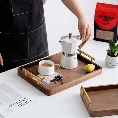 Rustieke messing handgrepen Walnoot Houten koffietafel bedieningsbak voor desserts Cake thee kopjes handgemaakt