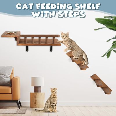 Zeg afscheid van rommelige vloeren Wand gemonteerde kattenvoederplank met ladder en 2 kommen