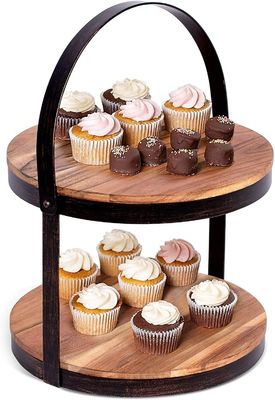 Als uw verzoek 2 Tier houten serverende dienblad met metalen houder cake dessert display