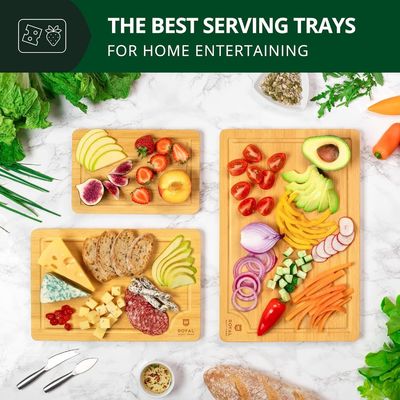 Extra grote natuurlijke bamboe-snijplank met oliegroeven Set van 3 serveerplanken