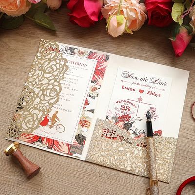 Europa Laser Cut Hollow Rose Pocket Bruiloftsuitnodigingen met enveloppen en RSVP-kaarten