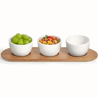 Acacia houten bak chip en dip serveren set met houten plain kleur of uw kleur