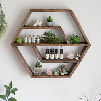 Hexagon Solid Wood Floating Shelf Modern ontwerp voor slaapkamer woonkamer en keuken