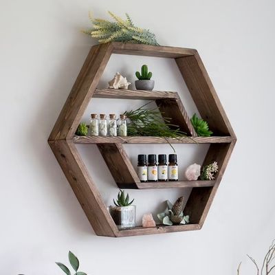 Hexagon Solid Wood Floating Shelf Modern ontwerp voor slaapkamer woonkamer en keuken