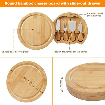 Bamboe Kaasbord met aangepast logo en 4 Stainless Steel Snijmessen aangepaste grootte