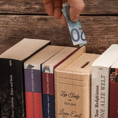 Zilkschermdruk/Burned Logo Houten geldbesparingsdoos voor kinderen op maat in boekvorm