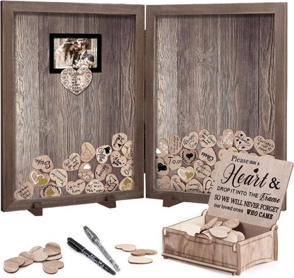 Houtglas Rustic Wedding Guest Book met zijde-scherm print frame en houten hart