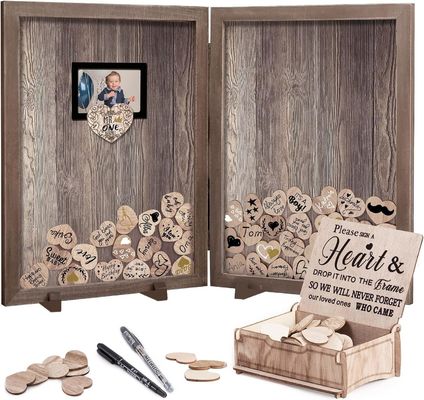 Houtglas Rustic Wedding Guest Book met zijde-scherm print frame en houten hart