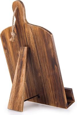 Stijlvolle kookboekstand van dennenhout met staande installatie en bruin snijplank