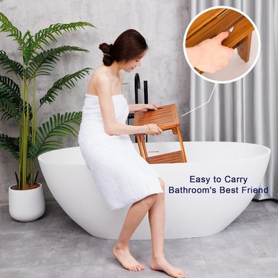 Houten badkamer Spa badkruk met handvat en plank in natuurlijk teakhout