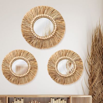 Boho Raffia Spiegel Wandhangende Decoratie Rustieke Ronde Ronde Spiegel Boerderij Esthetiek