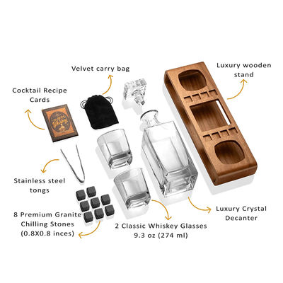 Aangepaste Whisky Decanter Set met houten stand en koelstenen voor feesten
