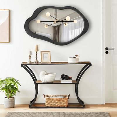 Rustiek hout Zwart geraamde asymmetrische wand golfspiegel voor woonkamer slaapkamer ingang badkamer