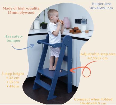 Afdrukken van gebrande kinderkeukenstoeltjes Helper met 3 opvouwbare hoogteverstellingen Ja