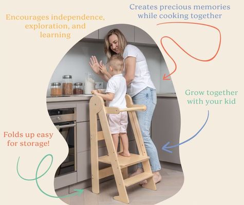 Afdrukken van gebrande kinderkeukenstoeltjes Helper met 3 opvouwbare hoogteverstellingen Ja