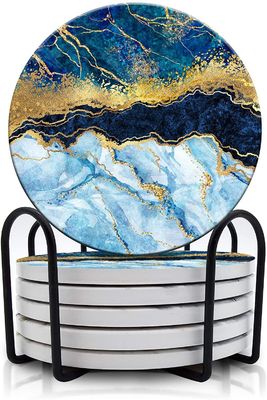 Op maat gemaakte ronde 4'' 6 stuks Marmer geschilderde absorberende steen keramische coaster met stand