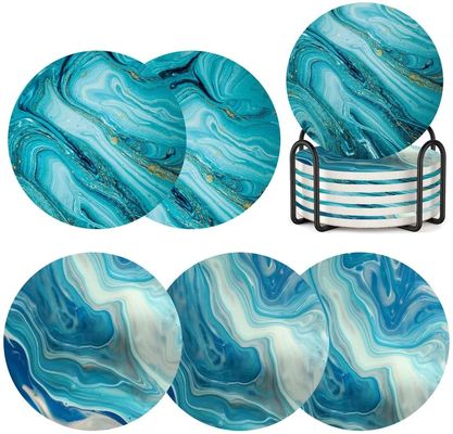 Op maat gemaakte ronde 4'' 6 stuks Marmer geschilderde absorberende steen keramische coaster met stand