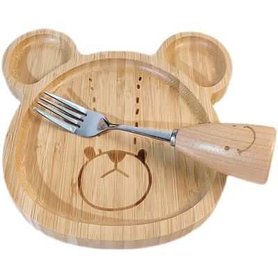 Eenvoudige stijl aangepast logo bamboe baby borden set met vork en lepel