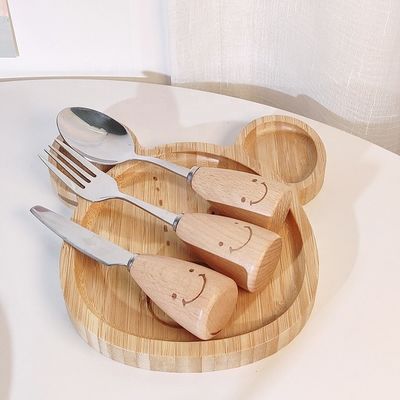 Eenvoudige stijl aangepast logo bamboe baby borden set met vork en lepel