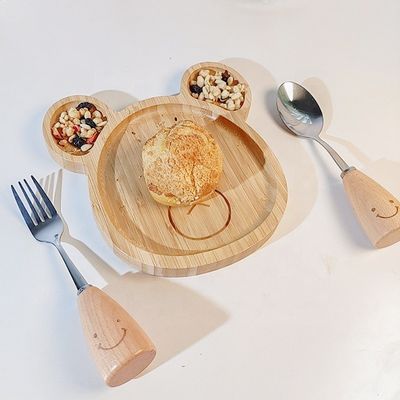 Eenvoudige stijl aangepast logo bamboe baby borden set met vork en lepel
