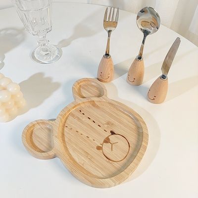 Eenvoudige stijl aangepast logo bamboe baby borden set met vork en lepel