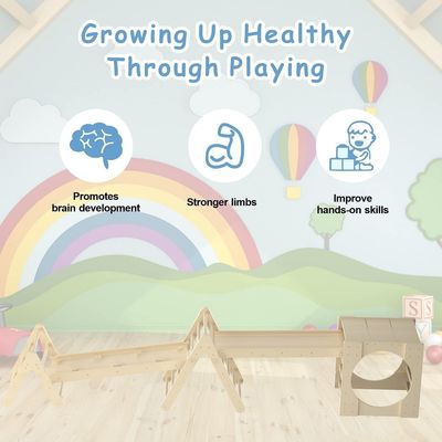 5 in 1 driehoeksklimspeelgoed Houten kleuterklimschool met helling en glijbaan