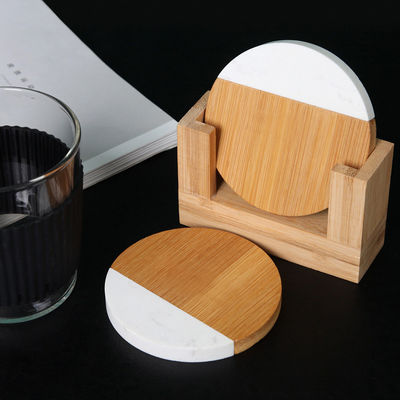 4 inch Acacia Hexagon Geometrisch Ronde Hout En Marmer Houten Witte Cork Coasters Plaat Set