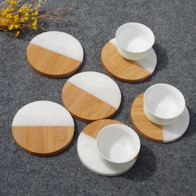 4 inch Acacia Hexagon Geometrisch Ronde Hout En Marmer Houten Witte Cork Coasters Plaat Set