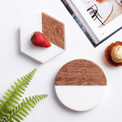 4 inch Acacia Hexagon Geometrisch Ronde Hout En Marmer Houten Witte Cork Coasters Plaat Set