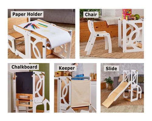 Houten kinderen Keuken stap kruk Cabriolet peuter toren Tafel 7 in 1 rugleuning en glijbaan