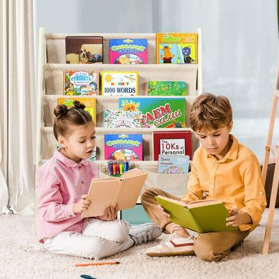 Woonkamermeubelen Houten boekenplank organisator met 4 schuifplanken en 2 uittrekbare speelgoedopslagdozen