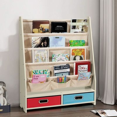 Woonkamermeubelen Houten boekenplank organisator met 4 schuifplanken en 2 uittrekbare speelgoedopslagdozen