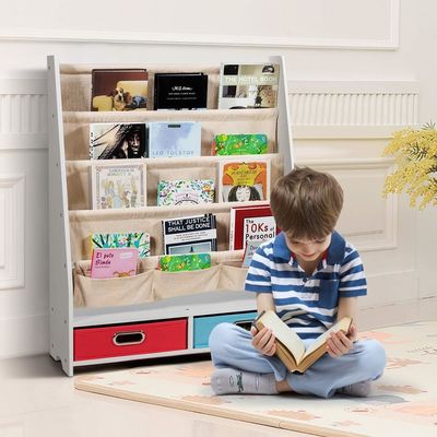 Woonkamermeubelen Houten boekenplank organisator met 4 schuifplanken en 2 uittrekbare speelgoedopslagdozen