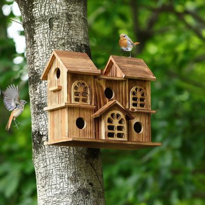 Handgemaakte houten hangend vogelhuis hamsternest voor tuin achtertuin drukwerk verbrand