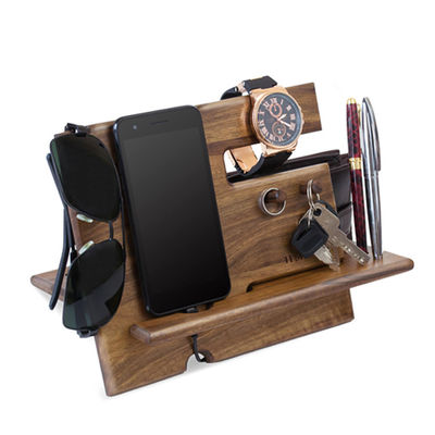 Handgemaakte natuurlijke Walnut Hout Telefoon Docking Station Sleutelhaken Portemonnee Stand Horloge Organisator