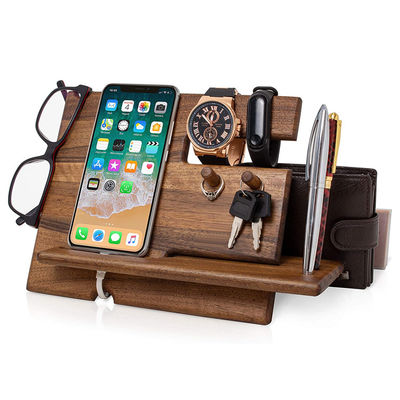 Handgemaakte natuurlijke Walnut Hout Telefoon Docking Station Sleutelhaken Portemonnee Stand Horloge Organisator