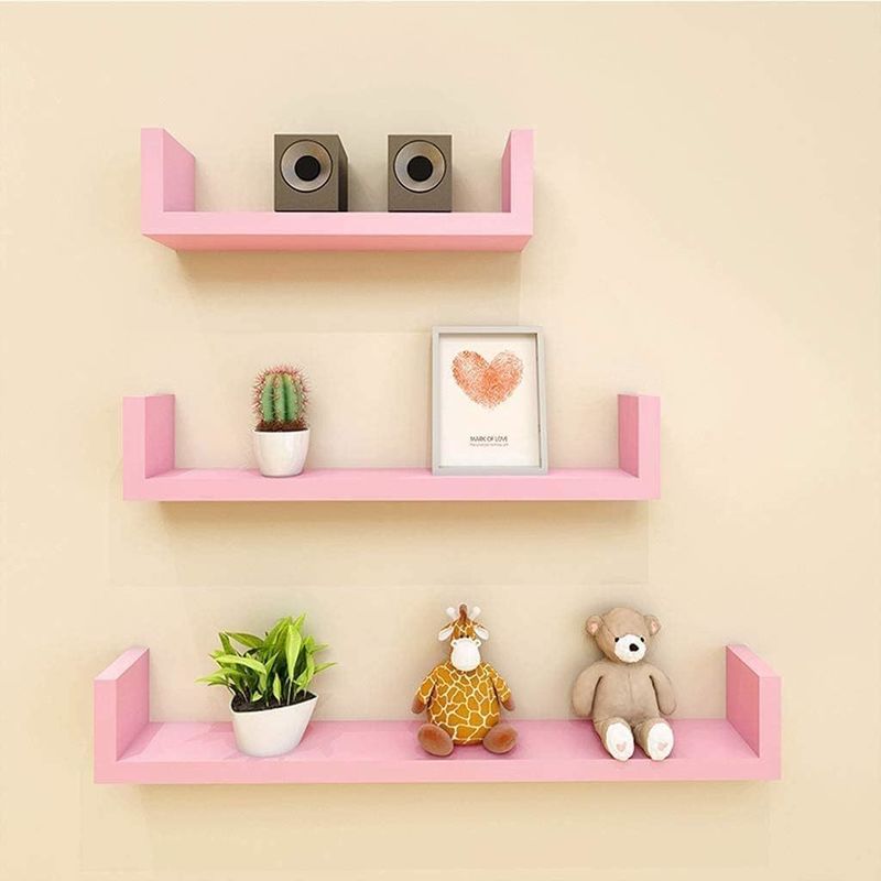 Verstelbare U-vormige beschilderde houten roze muurplanken Set van 3 voor badkamer woonkamer