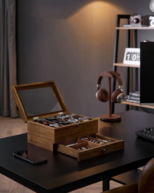 Handgemaakte 8-slot rustieke walnoot houten horloge doos 2-tier display case met grote glazen deksel