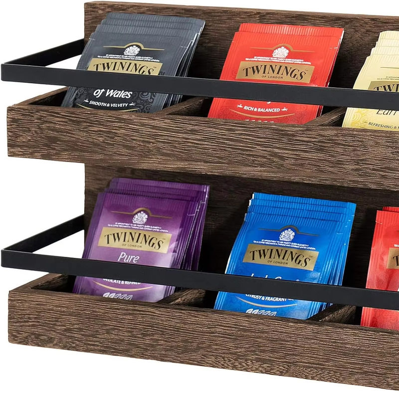 2 tier rustieke houten theezakken houder muur gemonteerde thee doos voor koffie condimenten display plank thee rek
