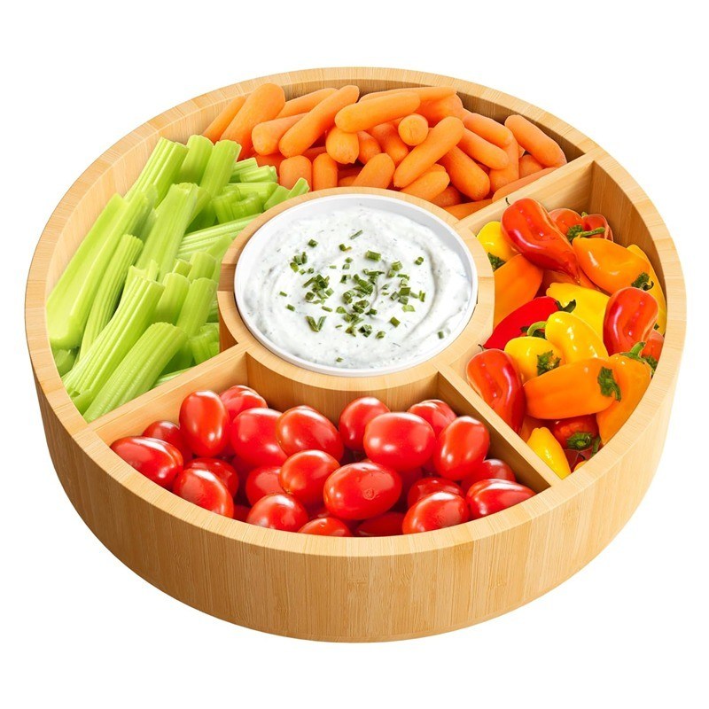 202407 Ronde bamboe serveerbak met keramische schaal Voorbeeld kosteloos of teruggestuurd