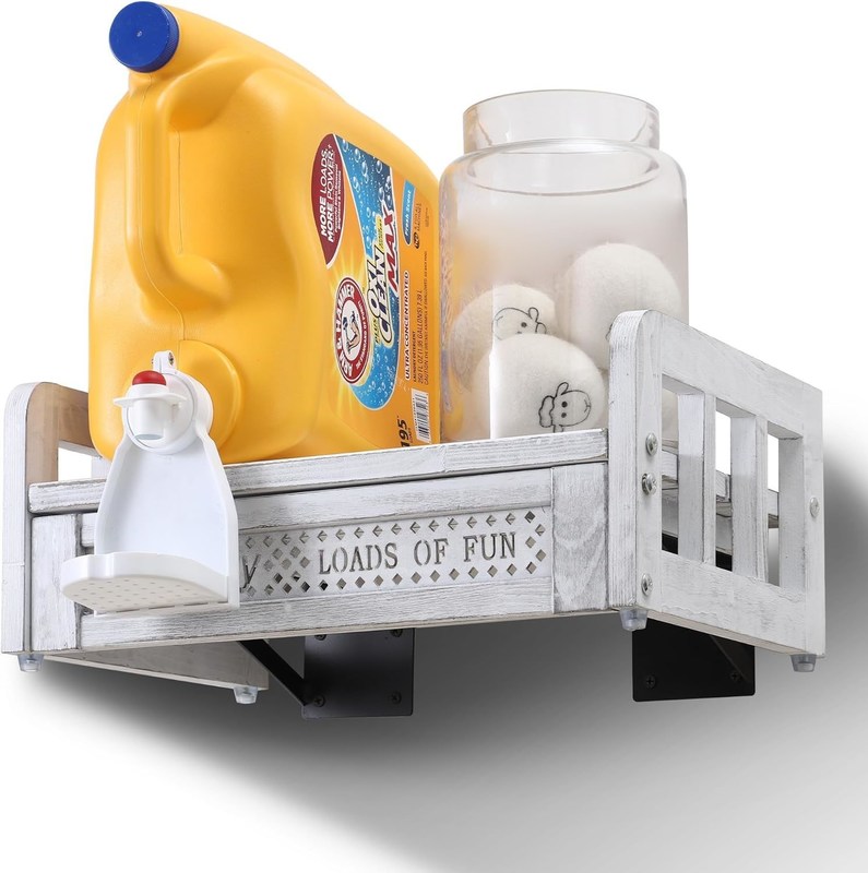 Transformeer uw wasruimte met deze op de muur gemonteerde houten wasmiddelhouder en -plank