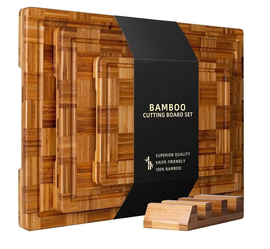 Duurzame set van 3 gepersonaliseerde bamboe hakplanken met grote groef